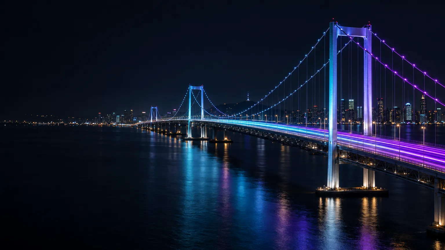 A suspension bridge at night, traffic light trails in cyan and violet