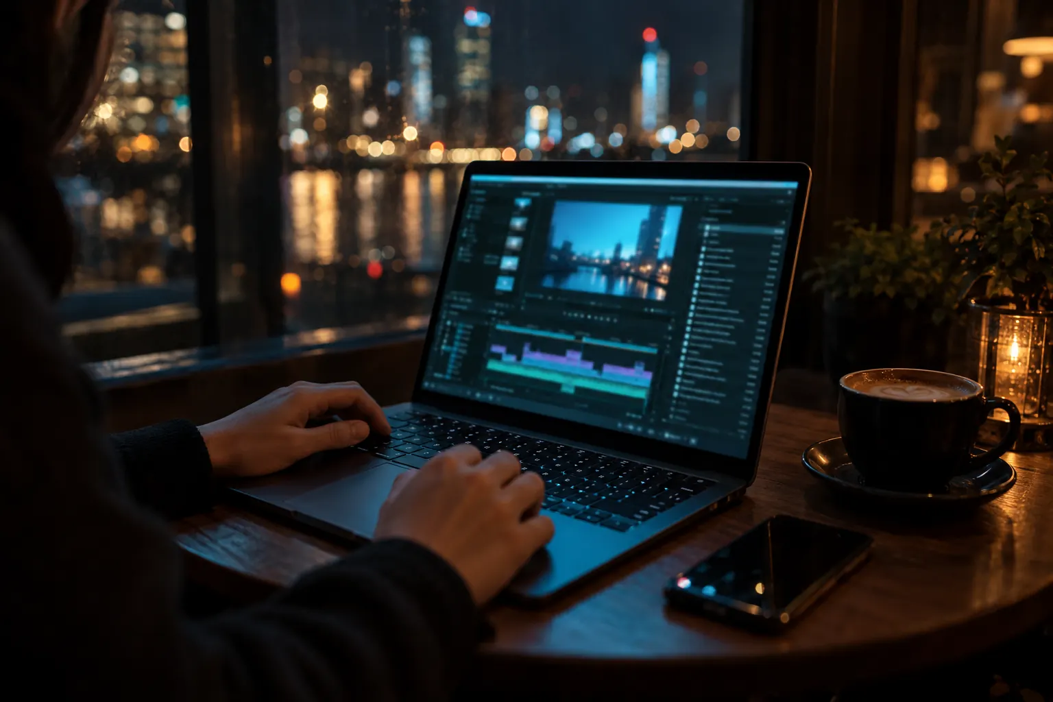 A laptop on a café table at night, a video editing session on its screen