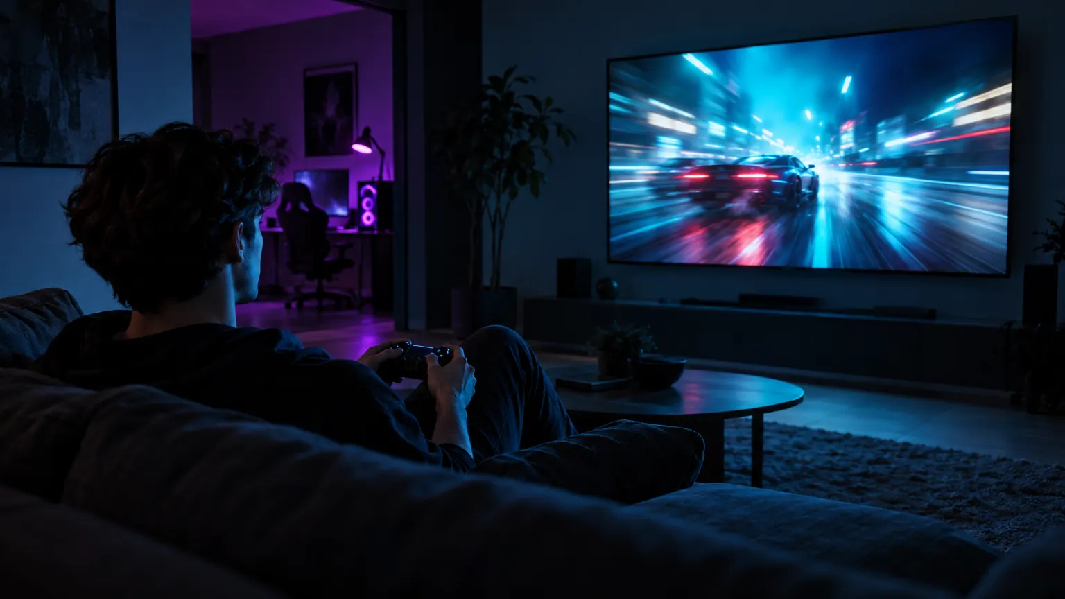 Someone on a sofa playing a racing game on a large TV, a gaming PC glowing in the next room